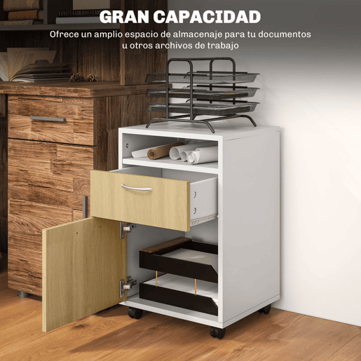 HOMCOM Gaveta de Escritório com Rodas, Armário de Escritório com Gaveta, Compartimento e Porta, Arquivador Móvel para Estudo ou Sala, 40x35x60 cm, Natural e Branco