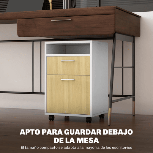 HOMCOM Gaveta de Escritório com Rodas, Armário de Escritório com Gaveta, Compartimento e Porta, Arquivador Móvel para Estudo ou Sala, 40x35x60 cm, Natural e Branco