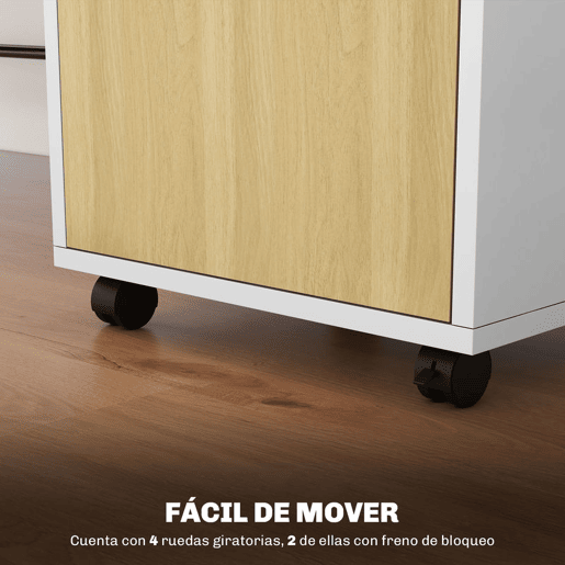 HOMCOM Gaveta de Escritório com Rodas, Armário de Escritório com Gaveta, Compartimento e Porta, Arquivador Móvel para Estudo ou Sala, 40x35x60 cm, Natural e Branco