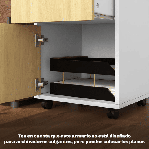 HOMCOM Gaveta de Escritório com Rodas, Armário de Escritório com Gaveta, Compartimento e Porta, Arquivador Móvel para Estudo ou Sala, 40x35x60 cm, Natural e Branco