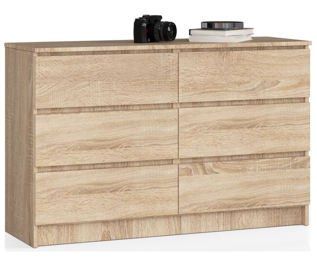Cómoda akord k120 roble sonoma 120 cm 6 cajones frente en color roble sonoma 120x40x77 cm