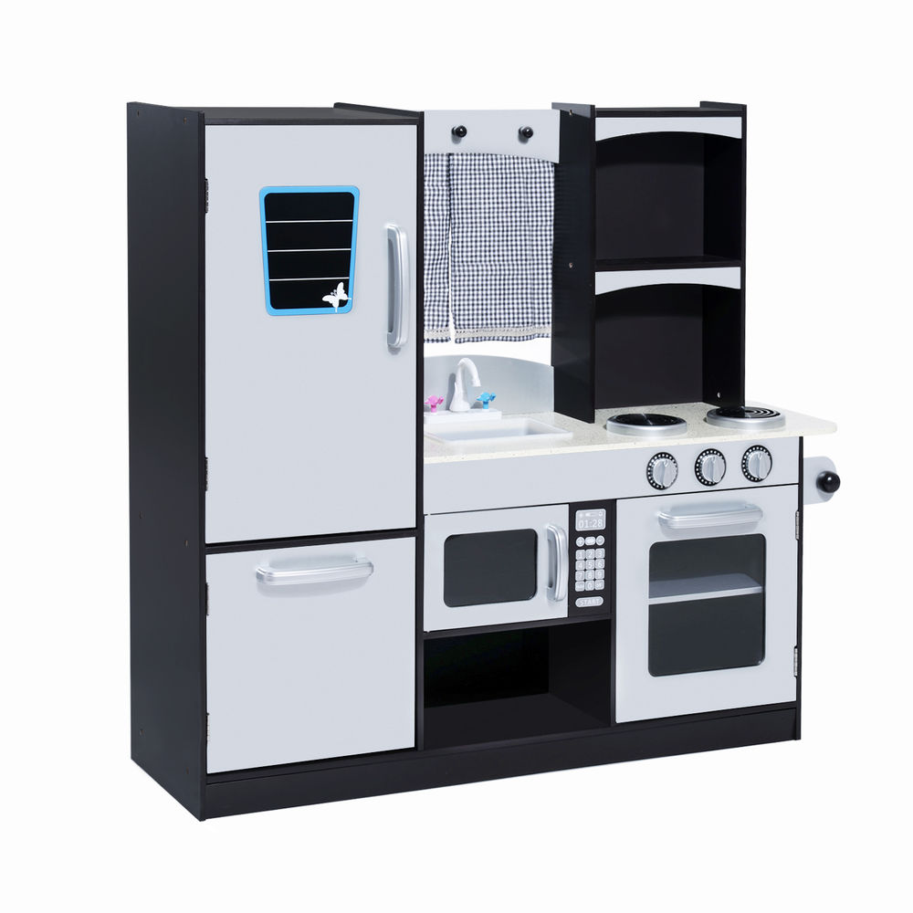 Homcom conina de juguete de madera grande para niños +3 años con accesorios cocinita infantil juego de imitación horno microondas fregadero 105x31,5x95 cm plata y marrón oscuro