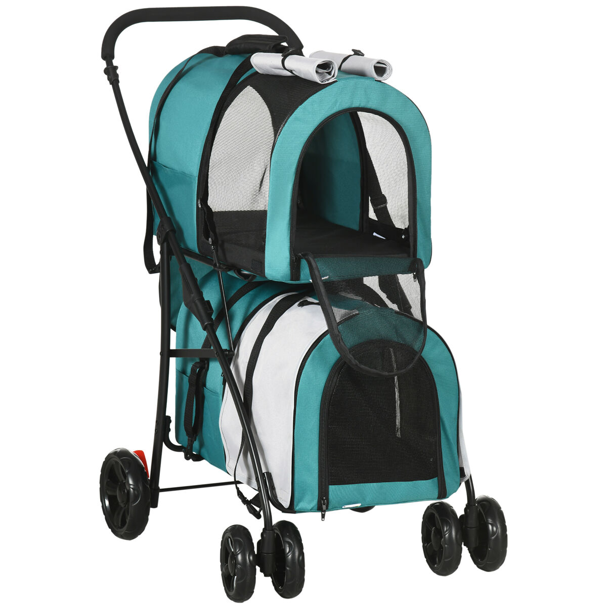 Pawhut carrito doble para perros gatos cochecito plegable para mascotas con 2 transportines extraíbles cinturón de seguridad bolsillos laterales y 2 cojines cada carga 10 kg 66x50x98 cm, verde