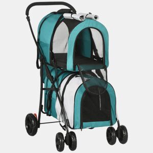 PawHut Carrinho Duplo para Cães Gatos Carrinho Dobrável para Animais de Estimação com 2 Transportadoras Portáteis Cinto de Segurança Bolsos Laterais e 2 Almofadas 66x50x98 cm Turquesa e Cinza