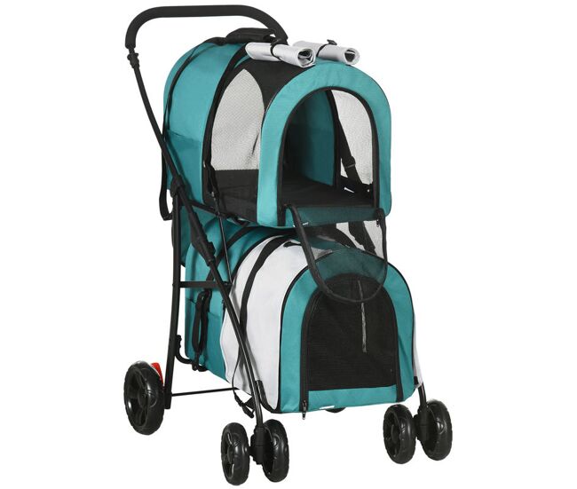 Pawhut carrito doble para perros gatos cochecito plegable para mascotas con 2 transportines extraíbles cinturón de seguridad bolsillos laterales y 2 cojines cada carga 10 kg 79x53x98 cm, verde