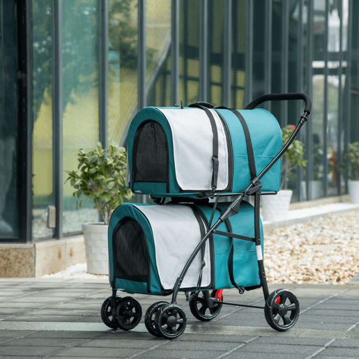 PawHut Carrinho Duplo para Cães Gatos Carrinho Dobrável para Animais de Estimação com 2 Transportadoras Portáteis Cinto de Segurança Bolsos Laterais e 2 Almofadas 66x50x98 cm Turquesa e Cinza