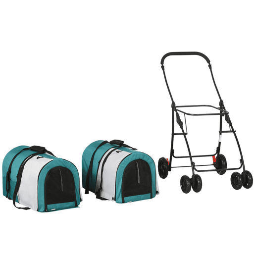 PawHut Carrinho Duplo para Cães Gatos Carrinho Dobrável para Animais de Estimação com 2 Transportadoras Portáteis Cinto de Segurança Bolsos Laterais e 2 Almofadas 66x50x98 cm Turquesa e Cinza