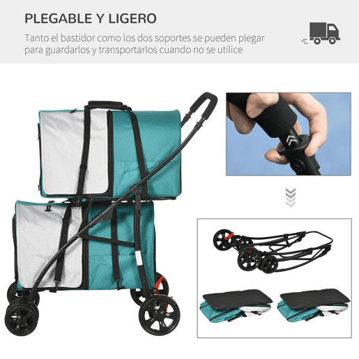 PawHut Carrinho Duplo para Cães Gatos Carrinho Dobrável para Animais de Estimação com 2 Transportadoras Portáteis Cinto de Segurança Bolsos Laterais e 2 Almofadas 66x50x98 cm Turquesa e Cinza
