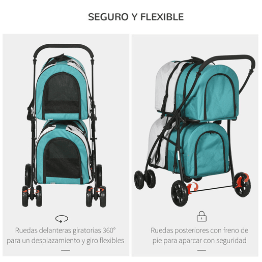 PawHut Carrinho Duplo para Cães Gatos Carrinho Dobrável para Animais de Estimação com 2 Transportadoras Portáteis Cinto de Segurança Bolsos Laterais e 2 Almofadas 66x50x98 cm Turquesa e Cinza