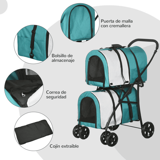PawHut Carrinho Duplo para Cães Gatos Carrinho Dobrável para Animais de Estimação com 2 Transportadoras Portáteis Cinto de Segurança Bolsos Laterais e 2 Almofadas 66x50x98 cm Turquesa e Cinza