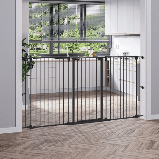 PawHut Barreira para Cães de Aço Barreira de Segurança para Animais de Estimação Dobrável de 3 Painéis Duplo Fechamento e Função de Bloqueio Auxiliar para Porta Escada 206x90 cm Preto