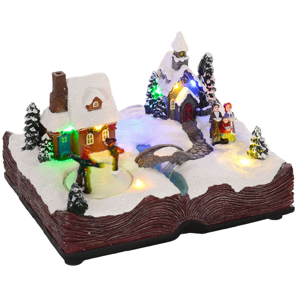 Homcom pueblo navideño con base de biblia abierta escena navideña con luces led música y patinadores giratorios decoración de navidad 23x18x15 cm multicolor
