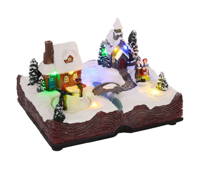Homcom pueblo navideño con base de biblia abierta escena navideña con luces led música y patinadores giratorios decoración de navidad 23x18x15 cm multicolor