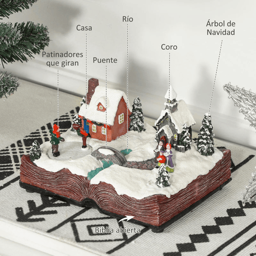 HOMCOM Aldeia de Natal Cena Natalícia com Luzes LED Música e Patinadores Giratórios Decoração de Natal 23x18x15 cm Multicor