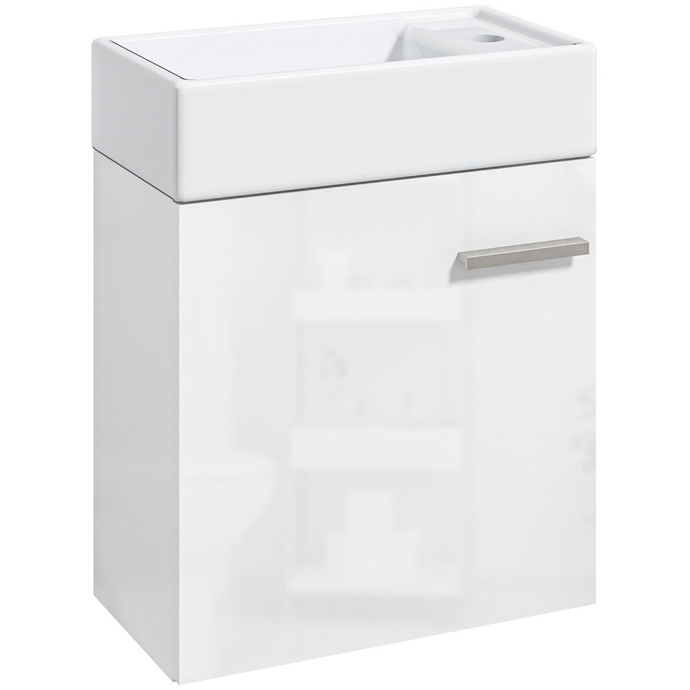 Homcom mueble de baño con lavabo de pared lavabo con puerta con cierre suave y armario mueble para lavabo moderno 40x23x50 cm blanco brillante