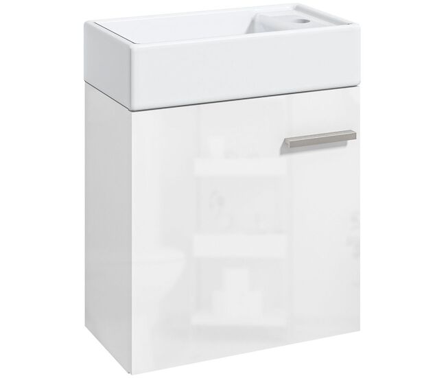 Homcom mueble de baño con lavabo de pared lavabo con puerta con cierre suave y armario mueble para lavabo moderno 40x23x50 cm blanco brillante