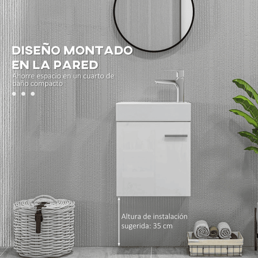 HOMCOM Móvel de Casa de Banho com Lavatório Móvel de Casa de Banho com Porta com Fechamento Suave e Armário Móvel com Lavatório Moderno 40x23x50 Branco Brilhante