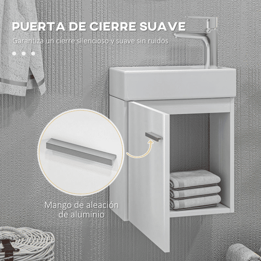 HOMCOM Móvel de Casa de Banho com Lavatório Móvel de Casa de Banho com Porta com Fechamento Suave e Armário Móvel com Lavatório Moderno 40x23x50 Branco Brilhante