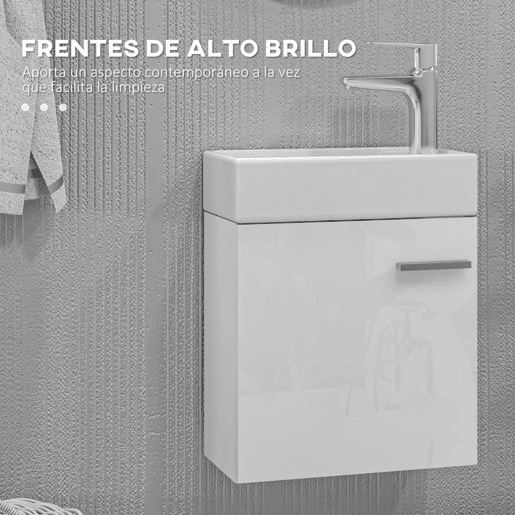 HOMCOM Móvel de Casa de Banho com Lavatório Móvel de Casa de Banho com Porta com Fechamento Suave e Armário Móvel com Lavatório Moderno 40x23x50 Branco Brilhante