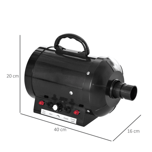 PawHut Secado de Pelo para Cães 2800W Secador de Pelo para Animais de Estimação com Temperatura e Velocidade Ajustável 3 Bicos Tubo Flexível 2,5m e Alça de Transporte 40x16x20cm Preto