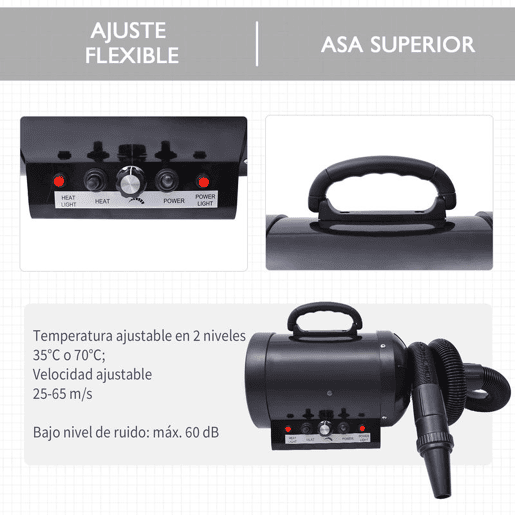 PawHut Secado de Pelo para Cães 2800W Secador de Pelo para Animais de Estimação com Temperatura e Velocidade Ajustável 3 Bicos Tubo Flexível 2,5m e Alça de Transporte 40x16x20cm Preto
