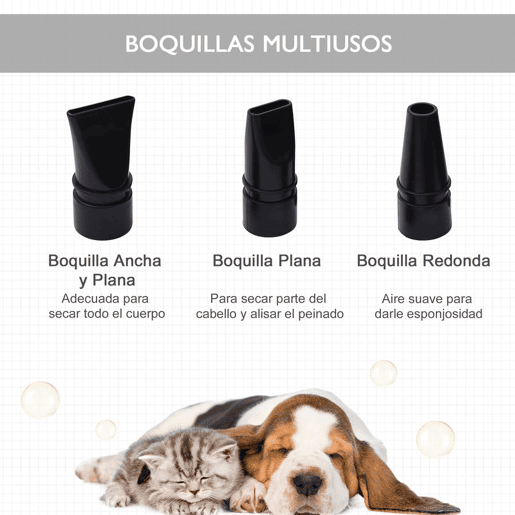 PawHut Secado de Pelo para Cães 2800W Secador de Pelo para Animais de Estimação com Temperatura e Velocidade Ajustável 3 Bicos Tubo Flexível 2,5m e Alça de Transporte 40x16x20cm Preto