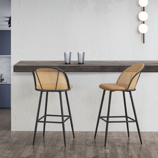 Conjunto de 2 bancos de bar Gausdal leatherette  metal  rattan 102 x 44 x 63 cm - Castanho e preto en.casa