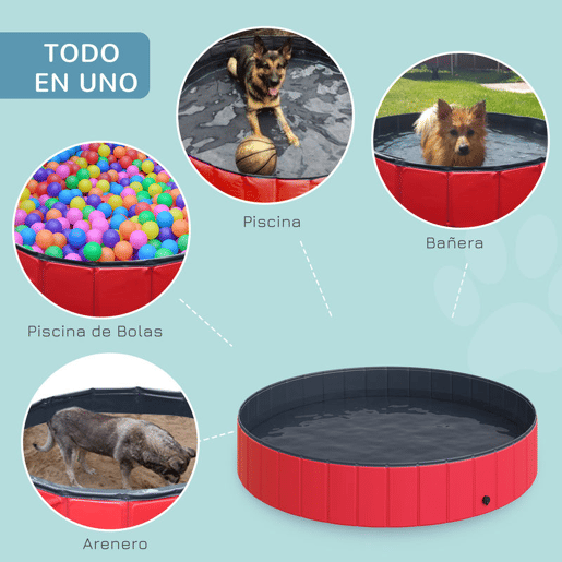 PawHut Piscina Dobrável para Cães Gatos Banheira Portátil para Animais de Estimação PVC Antiderrapante Múltiplo Uso para Interior e Exterior Ø160x30 cm Vermelho