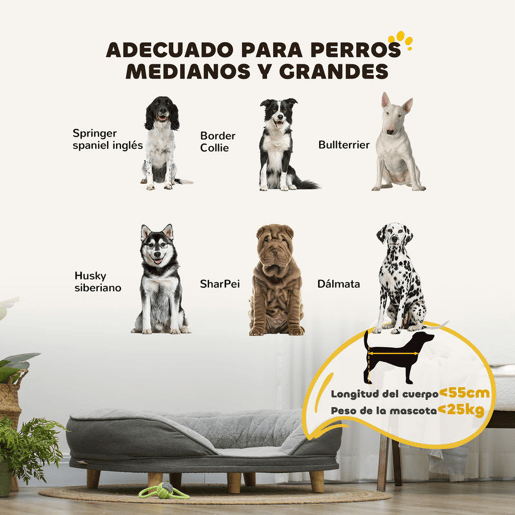 PawHut Sofá para Cães Médios e Grandes Sofá para Animais de Estimação com Pate Superior Amovível Capa Lavável e Pés de Madeira Carga 25 kg 90x78x25 cm Cinza