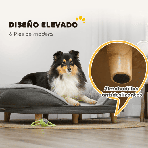 PawHut Sofá para Cães Médios e Grandes Sofá para Animais de Estimação com Pate Superior Amovível Capa Lavável e Pés de Madeira Carga 25 kg 90x78x25 cm Cinza