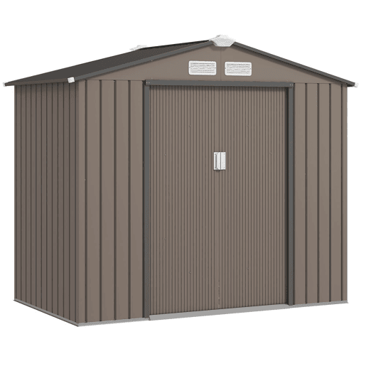 Outsunny Abrigo de Jardim 213x130x185 cm Abrigo de Jardim Metálico de Exterior para Armazenamento de Ferramentas com 2 Portas Deslizantes e 4 Janelas para Terraço Marrom