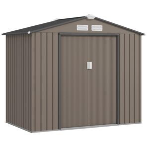 Outsunny Abrigo de Jardim 213x130x185 cm Abrigo de Jardim Metálico de Exterior para Armazenamento de Ferramentas com 2 Portas Deslizantes e 4 Janelas para Terraço Marrom
