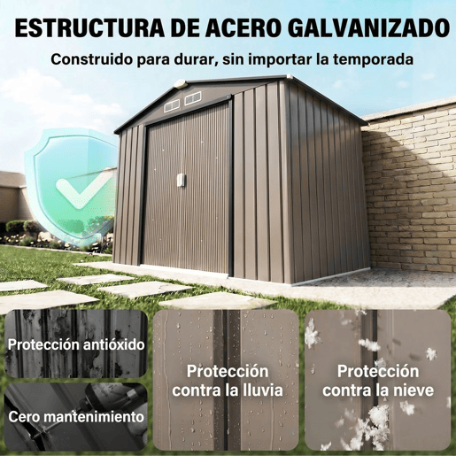 Outsunny Abrigo de Jardim 213x130x185 cm Abrigo de Jardim Metálico de Exterior para Armazenamento de Ferramentas com 2 Portas Deslizantes e 4 Janelas para Terraço Marrom