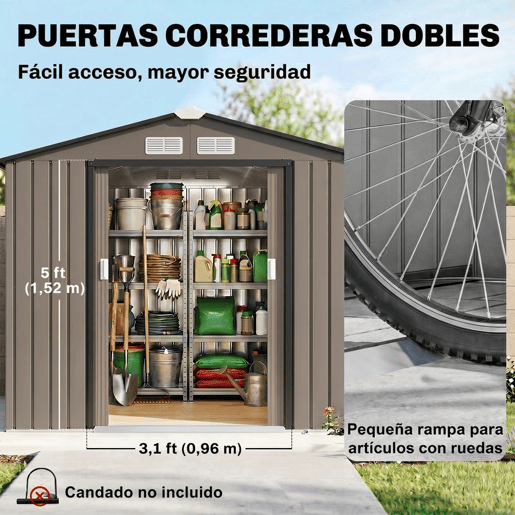 Outsunny Abrigo de Jardim 213x130x185 cm Abrigo de Jardim Metálico de Exterior para Armazenamento de Ferramentas com 2 Portas Deslizantes e 4 Janelas para Terraço Marrom
