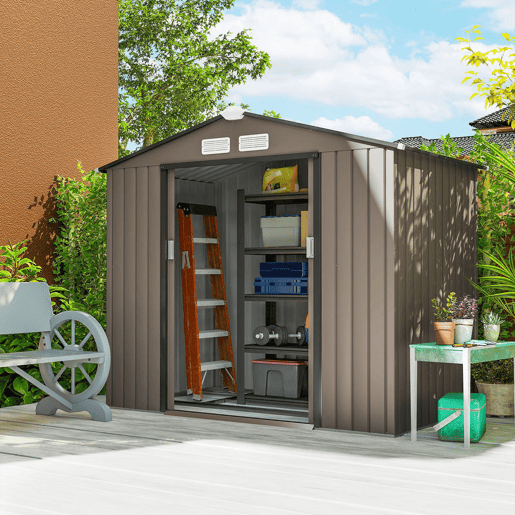 Outsunny Abrigo de Jardim 213x130x185 cm Abrigo de Jardim Metálico de Exterior para Armazenamento de Ferramentas com 2 Portas Deslizantes e 4 Janelas para Terraço Marrom