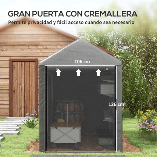 Outsunny Abrigo para Ferramentas Bicicletas e Motos 1,2x1,8x1,65 m Garagem Portátil com 2 Habitações Porta com Fecho de Correr Impermeável Anti-UV para Jardim Cinza Escuro