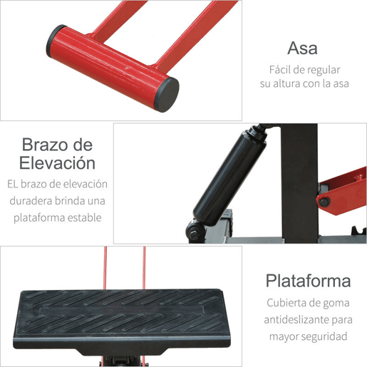 HOMCOM Plataforma Elevadora para Motocicletas Universal com Altura Ajustável para Estacionar ou Reparar Carga Máxima 150 kg 28x17,5x24,5-35,5 cm Preto e Vermelho