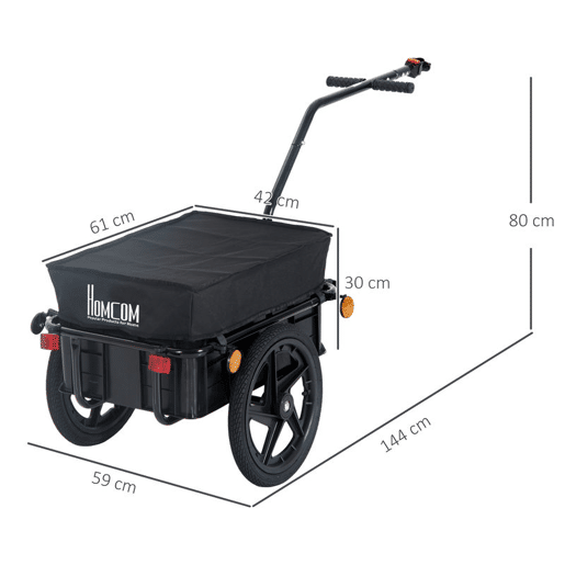 HOMCOM Reboque de Bicicleta Carga 40kg com Capa em Tecido Oxford Refletores Estrutura em Aço e Alças para Bagagem 144x59x80 cm Preto