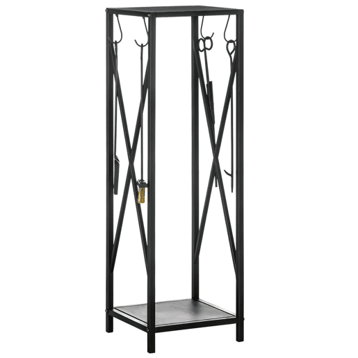 Outsunny Suporte para Lenha Estante para Lenha Lenheiro de Exterior com Ganchos Pá Escova Atiçador e Tenaz Carga 60 kg 34x34x111 cm Preto