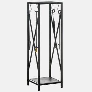 Outsunny Suporte para Lenha Estante para Lenha Lenheiro de Exterior com Ganchos Pá Escova Atiçador e Tenaz Carga 60 kg 34x34x111 cm Preto