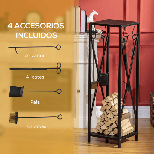 Outsunny Suporte para Lenha Estante para Lenha Lenheiro de Exterior com Ganchos Pá Escova Atiçador e Tenaz Carga 60 kg 34x34x111 cm Preto