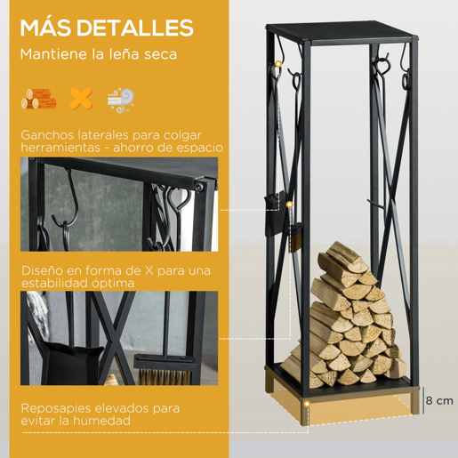 Outsunny Suporte para Lenha Estante para Lenha Lenheiro de Exterior com Ganchos Pá Escova Atiçador e Tenaz Carga 60 kg 34x34x111 cm Preto