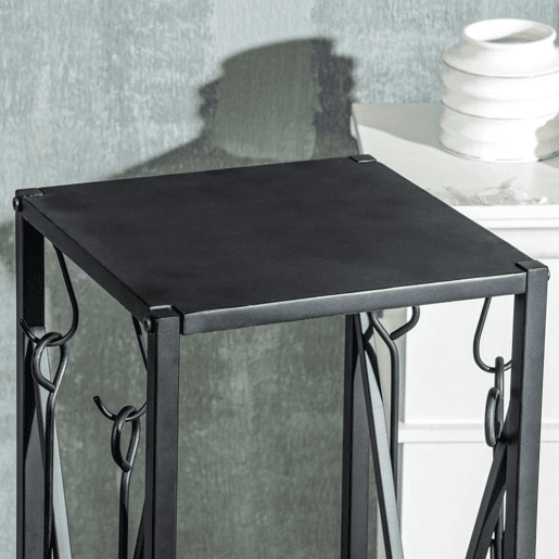 Outsunny Suporte para Lenha Estante para Lenha Lenheiro de Exterior com Ganchos Pá Escova Atiçador e Tenaz Carga 60 kg 34x34x111 cm Preto