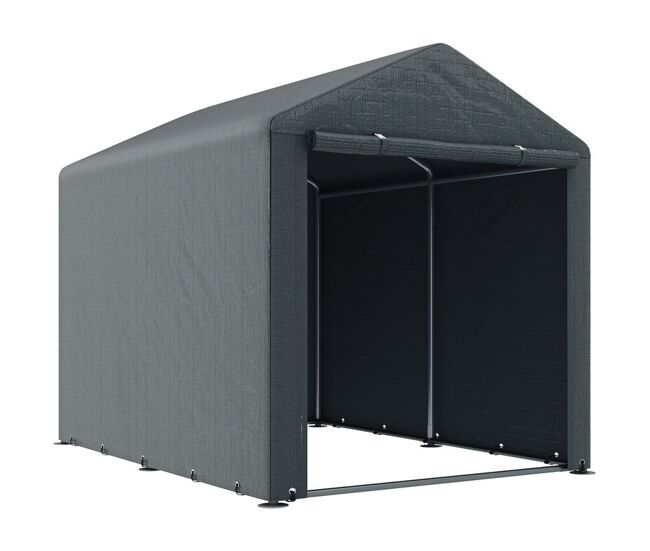 Outsunny carpa de jardín exterior para herramientas bicicletas 1,6x2,2x1,7 m, cobertizo exterior con 2 habitaciones, puerta enrollable con cremallera, impermeable anti-uv, garaje portátil, gris oscuro