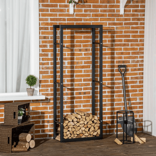 HOMCOM Suporte para Lenha de Metal Porta Lenha Metálico para Interior e Exterior Carga Máxima 100 kg 60x25x150 cm Preto