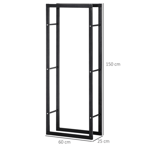 HOMCOM Suporte para Lenha de Metal Porta Lenha Metálico para Interior e Exterior Carga Máxima 100 kg 60x25x150 cm Preto