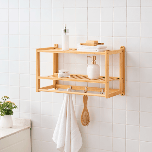 Prateleira de parede Thyborøn com toalheiro e ganchos Bambu 30 x 55 x 23 cm - Natural en.casa