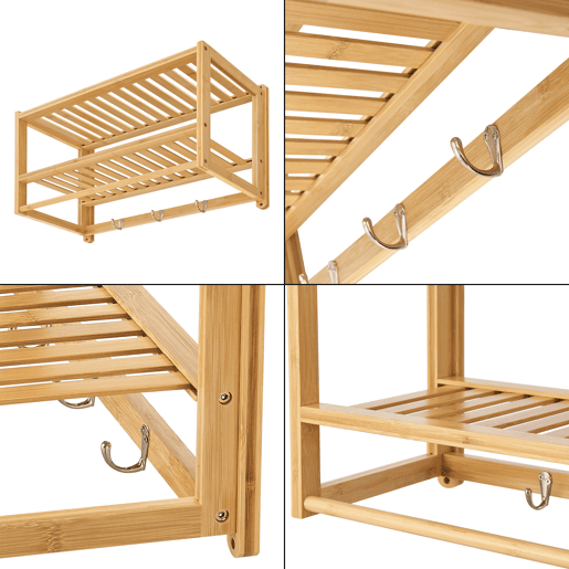 Prateleira de parede Thyborøn com toalheiro e ganchos Bambu 30 x 55 x 23 cm - Natural en.casa