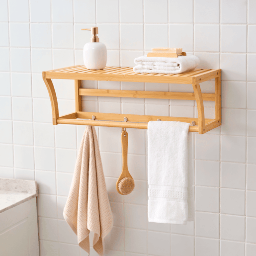 Prateleira de parede Langeland com toalheiro e 4 ganchos em bambu 21 x 60 x 26 cm - Natural en.casa