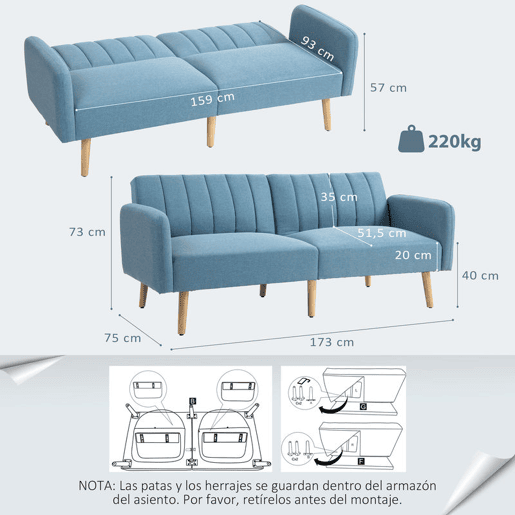 HOMCOM Sofá Cama de 2 Lugares com Encosto Ajustável em 3 Posições Apoio para os Braços Desmontável e Pés de Madeira Sofá Duplo Moderno para Sala de Estar Escritório 173x75x73cm Azul Claro